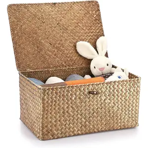 Wicker Shelf Baskets Bin with Lid, Handwoven Seagrass Basket Storage Bins Rectangular Household Basket Boxes for Shelf Wardrobe Home Organizer, Coffee X-Large