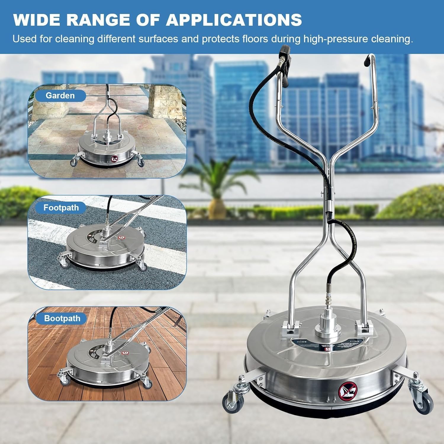 20" Pressure Washer Surface Cleaner with 4 Wheels & Dual Handles, 4600 PSI 12 GPM Stainless Steel Surface Cleaner Attachment with 2 Nozzles for Driveways, Sidewalks, Decks & Patios, Commercial Grade