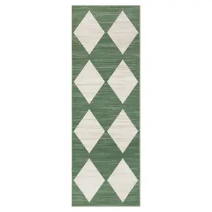 2 x 6 ft Polyester Green Rectangular Runner Rug, Modern Geometric Diamond Print, Machine Washable Stain Resistant Area Rug for Laundry, Bathroom, Stain Resistant Rug