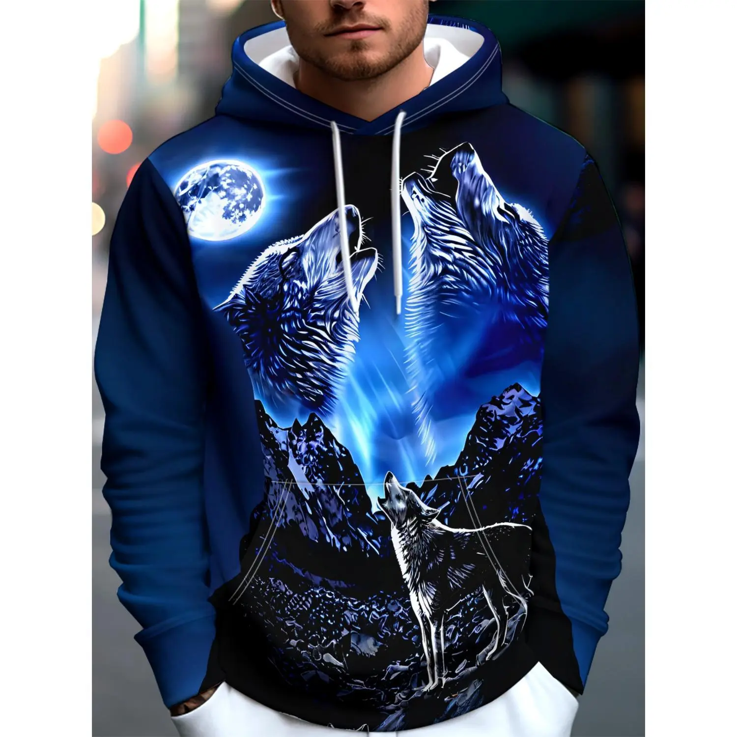 Stylish Hooded Sweatshirt, Casual Sports Hoodie with Howling Wolf on Snowy Mountain, Front Pocket Design - Stretchy Blend Fabric, Ideal for Spring and Fall Casual Sportswear