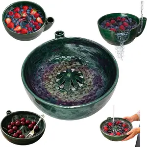 Ceramic Berry Washing Bowl with Integrated Drain, Hydraulic Vortex Fruit Filter, 360° Automatic Rotating Washer, High-Profile Cone