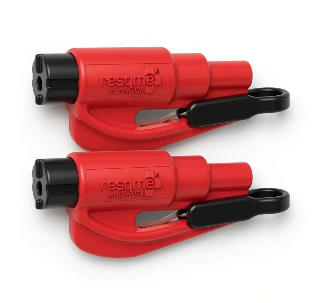 resqme The Original Emergency Keychain Car Escape Tool, 2-in-1 Seatbelt Cutter and Window Breaker, Made in USA, Red - Compact Emergency Hammer -2PACK