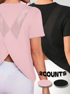 2 Pack Trendy Open Back Yoga Tops Breathable Mesh Design Quick Dry Workout Shirts