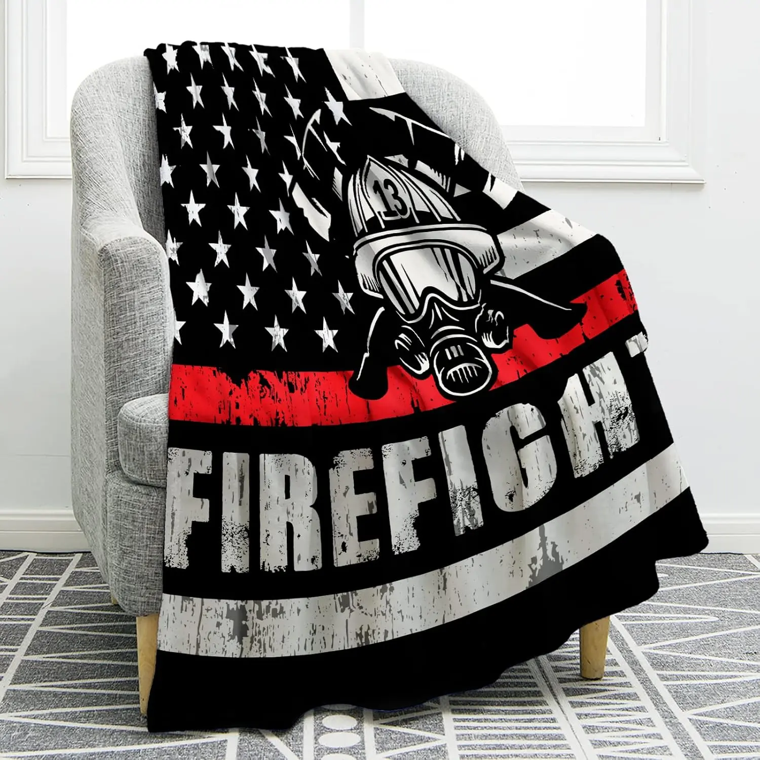 Jekeno 100% Polyester Full Print Firefighter Blanket with Letters - 101Cm×76Cm（30X40in）),122Cm×81Cm（32X48in）),Soft,Lightweight,Wrinkle-Resistant,Stain-Resistant,Machine-Washable,Modern Pattern - Fireman Gift for Men (Birthday,Retirement Presents)