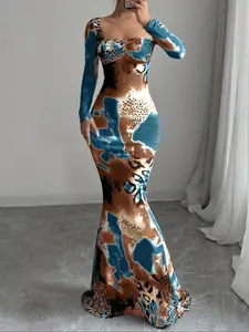 LovelyWholesale Women's Spring Fall Elegant Chic Fashion Colorblock Mixed Print Long Sleeve Slim Fit Dress, All over Print, Casual Wear, Womenswear