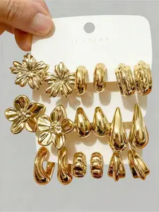 6/18 exaggerated eternal flower, large C-shaped, 5-piece flower, butterfly series earring set, suitable for women's daily and holiday wear, ABS resin material, UV resistant gold plating