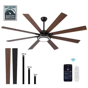 72 Inch Round Rustic LED Ceiling Fan with Remote & Smart App Control, Black Plywood Material, Reversible Blades Adjustable Wind Speed Dimmable 3 Color Temperature Lighting, Space Saving High Durability Indoor Home Ceiling Mount Fan