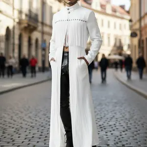 INCERUN Men's Tassel Long Coat Stand Collar High Slit Cardigan White Fringe Jacket Western Resort Style Performance Costume