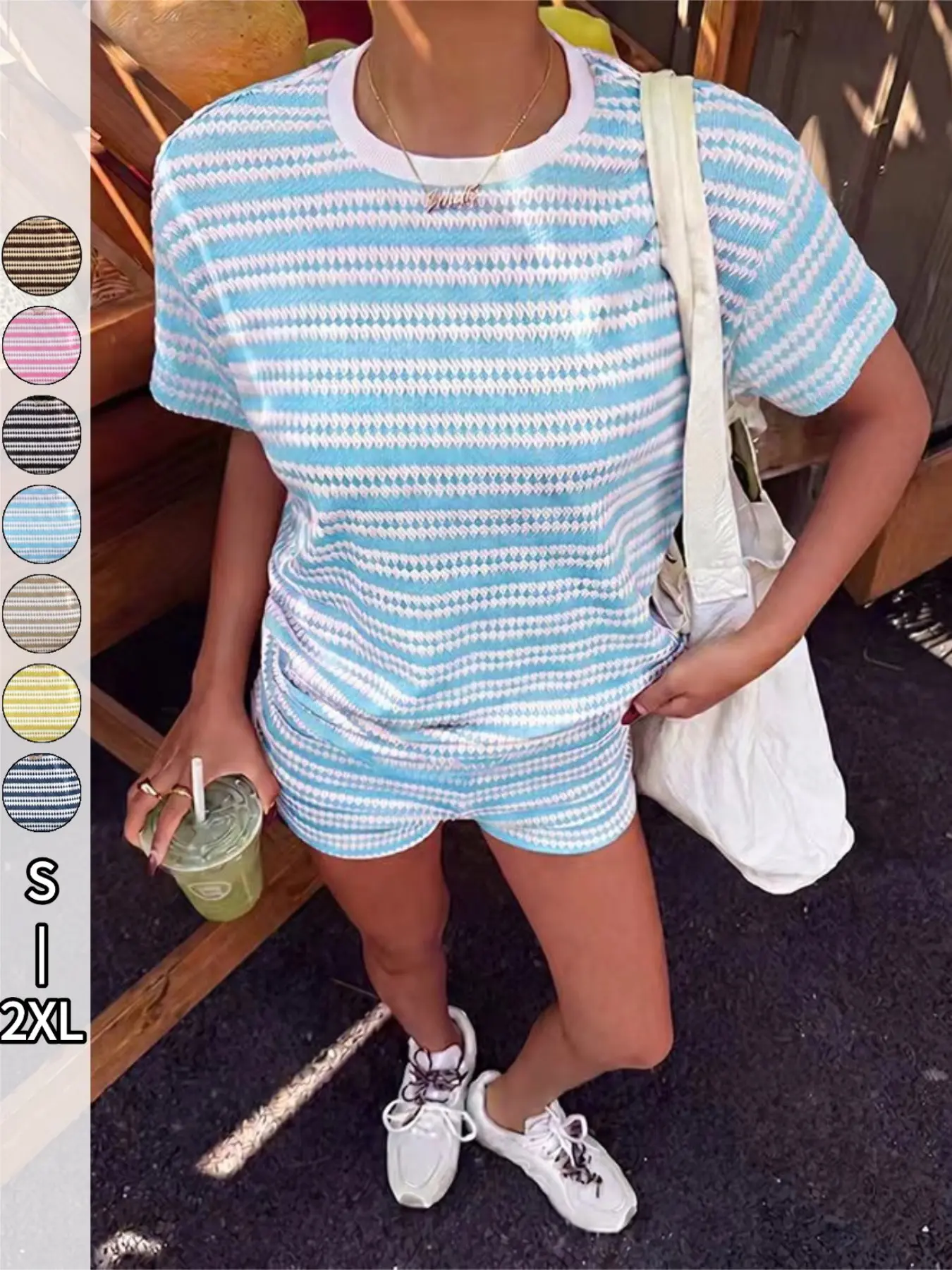Women's Knitted Striped Round Neck Short Sleeve Top, more colors to choose,Matching Shorts Set, Shorts Outfit Set, Loose Fit, Casual Home Wear, Fashionable for Beach, Vacation, Night，loungewear，pyjamas for women，pijamas para dama