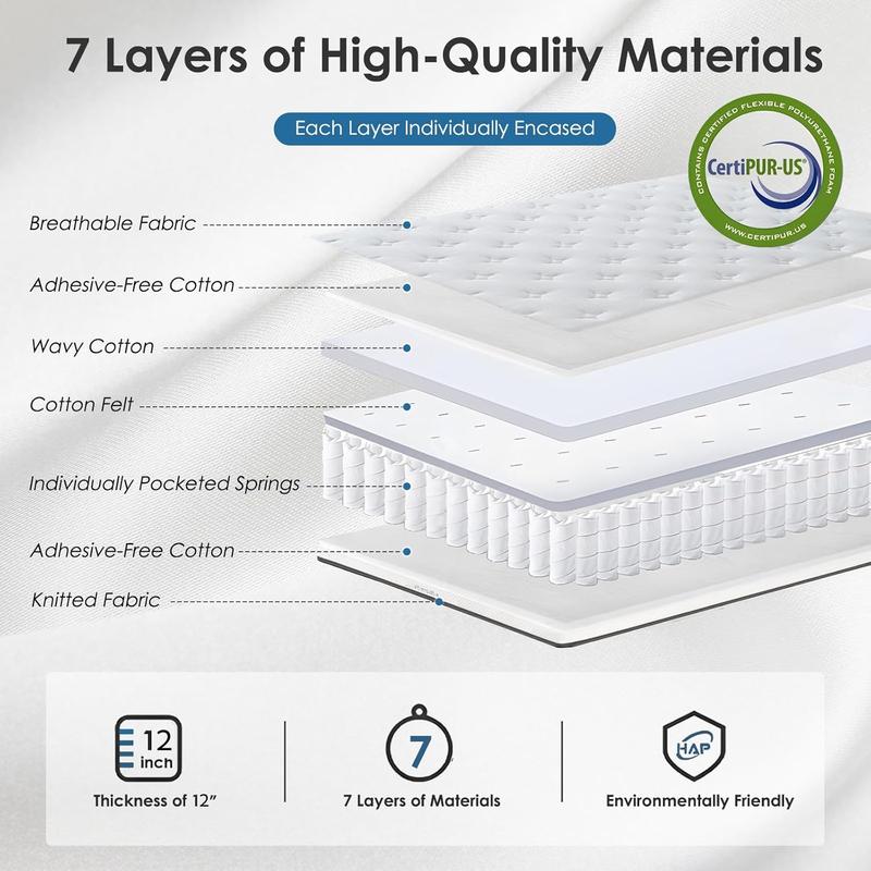 Hybrid Mattress In a Box, Individually Pocketed Innerspring, Fiberglass-Free Mattress, Medium Firm CertiPUR-US Certified, Ergonomic Modern Mattress