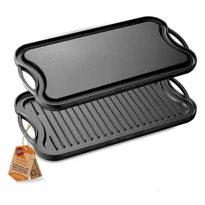 Nutrichef Flat Grill Plate Pan - Reversible Cas t Iron Griddle