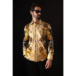 Glowgaiter Rhinestone Long Sleeve Shirt, Elegant Fit, Floral Pattern, Baroque Style, Slim Fit, Spandex Fabric Menswear Panther Tops Original Cotton