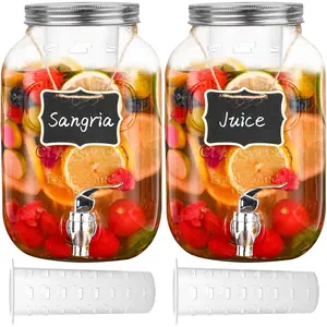 1 Gallon Glass Drink Dispensers for Parties,2 Pack Beverage Dispenser with Fruit Infuser,Laundry Detergent Dispenser Punch Bowls Water Juice dispensers with Easy Flow Spigot for Outdoor