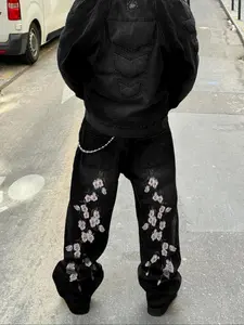 Men's New Fashionable Flower Embroidered Denim Jeans, Four Seasons Casual Loose Fit Jeans, Stylish and Versatile Clothing, Denim Embroidery Jeans