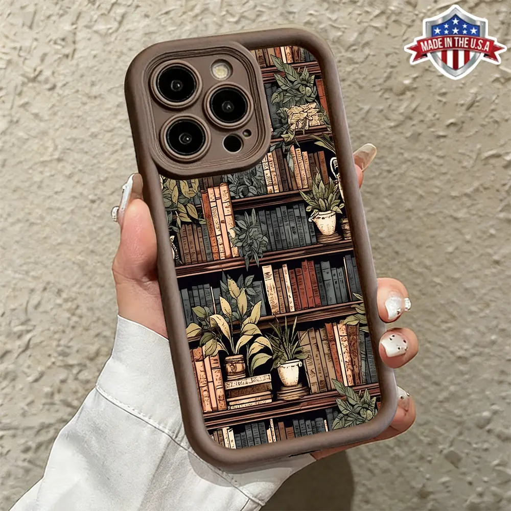 Vintage Bookshelf iPhone Case Compatible with iPhone 11-17 – Old Books & Wooden Shelf Design, Cozy Reading Cover