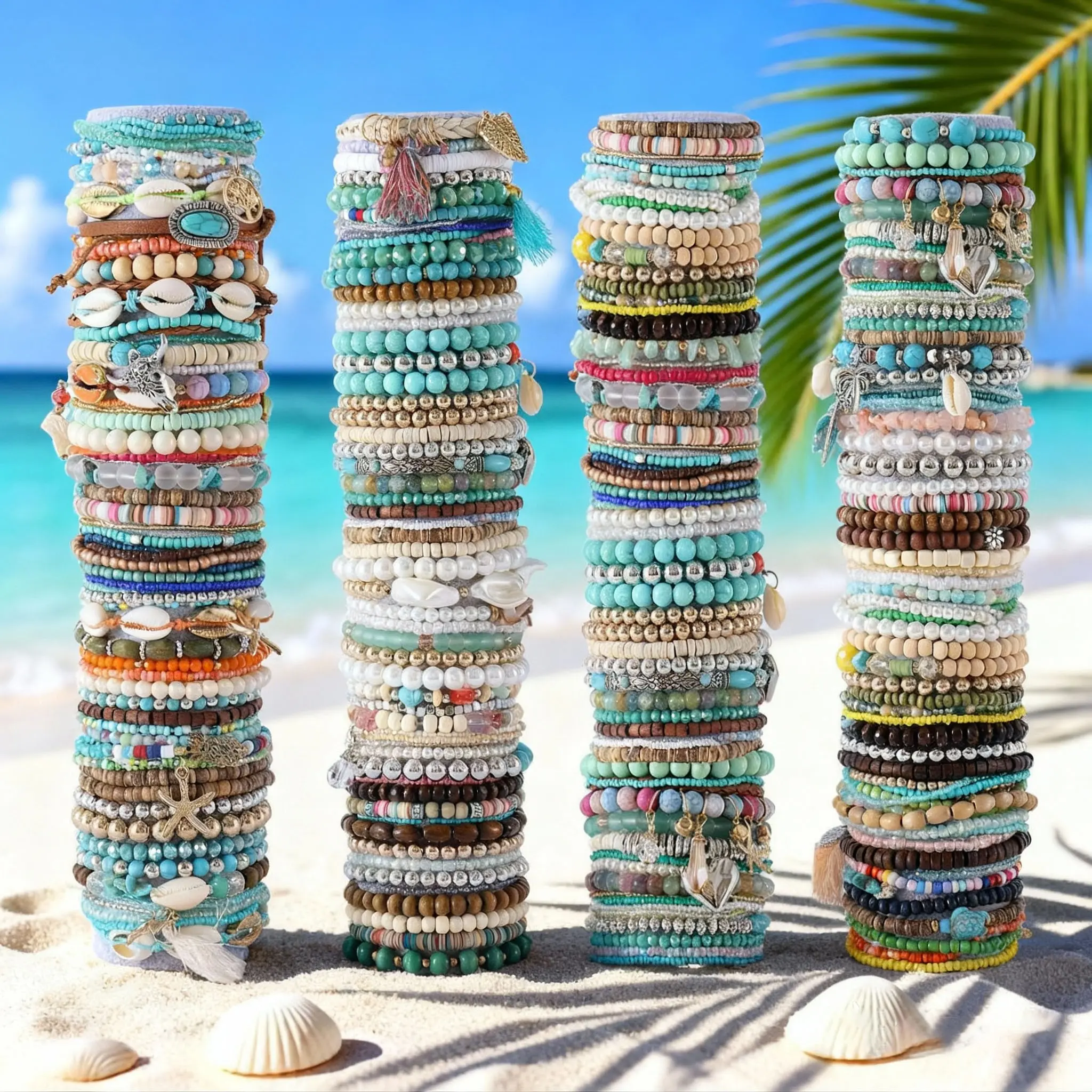 11/25/39pcs Bohemian Ethnic Handmade Stackable Beaded Bracelet Set Random Assorted Mixed Western Style Spring Summer Elastic Bracelet Starfish Cactus Hat Butterfly Feather Heart Charm Women Daily Wear Party & Holiday Gift