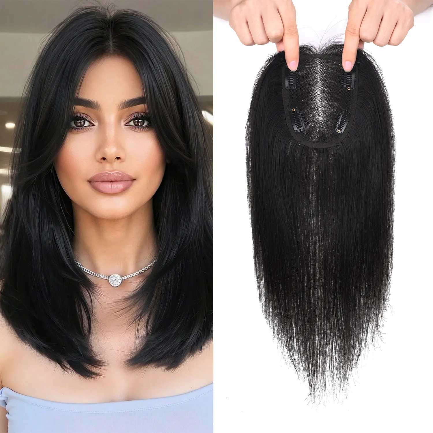 Vasilia Hair Toppers for Women Real Human Hair 12/14inch Hair Toppers for Women with Thinning Hair Real Hair Toppers with Single-layer Breathable Swiss Mesh Base, Base Size: 4*4.8inch, 4 Clips in Hiarpieces, Suitable for Daily Wear