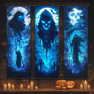 Hanging Banner, 3 Counts/set Creepy Skull Characters Poster, Scary Skull Poster for Festival Party Decor Home Dormitory Office Haunted House, Halloween