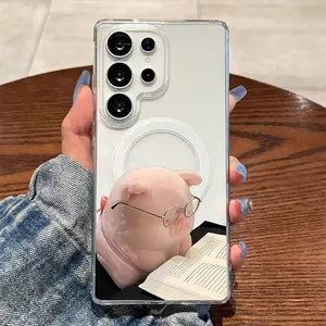 Transparent Phone Case Smart Pig Reading a Book While Wearing Glasses And a Pink Bow, Magnetic And Anti-Drop for Samsung Galaxy S26 S25 S24 S23 S22 S21 S20 Fe Plus Ultra Edge S10E A57 A56 A55 A54 A37 A36 A35 A34 A26 A25 A24 A23 A17 A16 A15 A14 A07 A06 A05