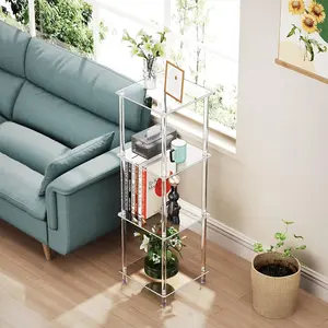 Adiison Clear Acrylic Square storage rack Side Table for Small Spaces, Square Corner Shelf End Table 11.8" L x 11.8" W x 39.3" H, 4 Tier Rectangle Slim End Table Nightstand, Small Mini Skinny Bedside Table for Bedroom, Bathroom, Living Room
