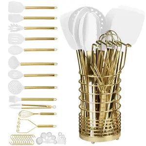 Professional Kitchen Utensil Set, Heat Resistant Silicone, Non-Stick Cookware, Stainless Steel Handles, Spoon, Spatula, Ladle, Egg Beater, Whisk