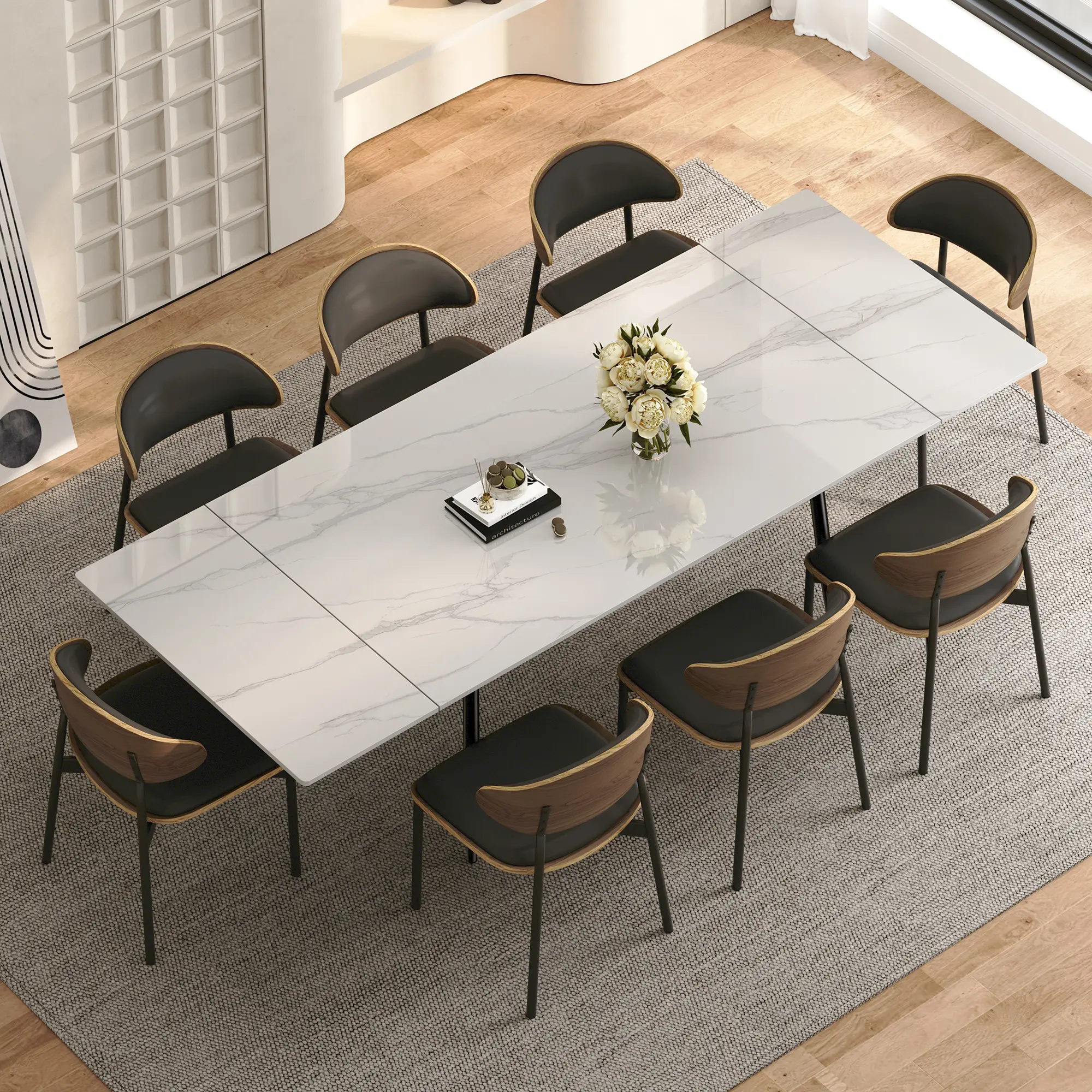 Contemporary Adjustable Rectangular Extendable Dining Table - Modern White Sintered Stone Top, 62.9"-94.4" Size, Indoor Furniture for 6-10 Guests, Contemporary Table