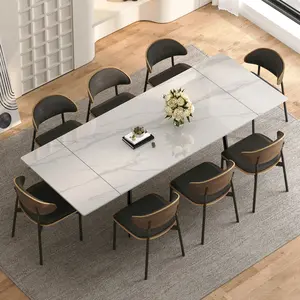 Adjustable Rectangular Dining Table – Modern White Sintered Stone Top, (62.9" to 94.4")Expandable Table for 6 to 10 Guestsc