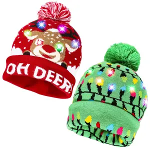 2 Pack Christmas LED Light-up Knitted Beanie Hat Colorful Flashing Holiday Xmas Christmas Party Supplies(One Size Fits More)