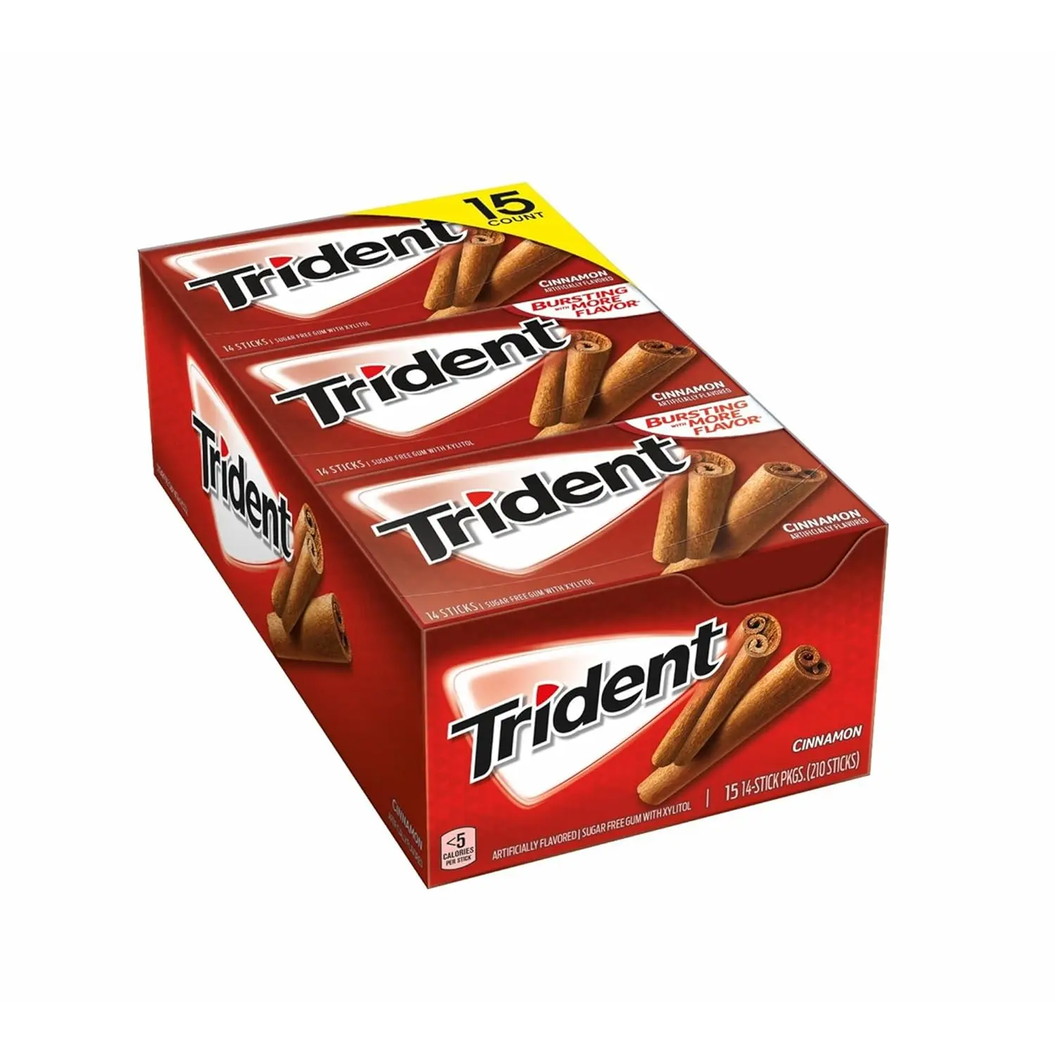 Trident Sugar-Free Cinnamon Chewing Gum - Xylitol Sweetener, Includes Sorbitol, Low Calories, Fresh Breath, Everyday Ambient Snack, 1.34 oz Box, 15-Count Packs (Pack of 14)