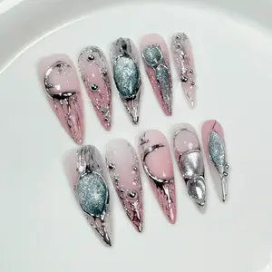10Pcs Black Handmade Press On Nails Coffin Fake Nails Full Cover Gradient Metal Contrast Artificial Manicure Wearable Nail Tips