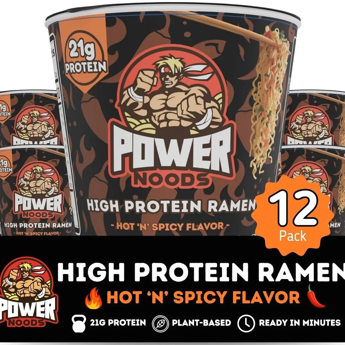 Power Noods High Protein Ramen Noodles - 6 or 12 Pack | Protein Ramen Cups for Lunch or Dinner | Better for You Plant-Based Instant Meal | Hot 'N' Spicy