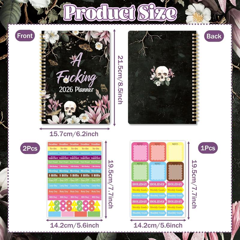 2026 Weekly and Monthly Planner, Dark Romantic Notebook, featuring floral and skull patterns, perfect as a New Year's holiday gift.  Hardcover calendar, A5 size, includes labels, stickers, and a back pocket.