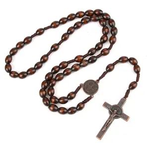 Wooden Bead Rosary Coffee Necklace with Jesus Cross - 18.6 Inch Long, Ideal for Prayer, Unisex, Casual Style, Quality Craftsmanship
