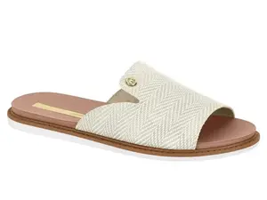 Women's Elegant Flat Slide Sandals with Textured Upper & Gold Accent Lightweight Comfortable for Summer Outings - Walking Shoes Flip Flops Footwear Casual Design Stylish