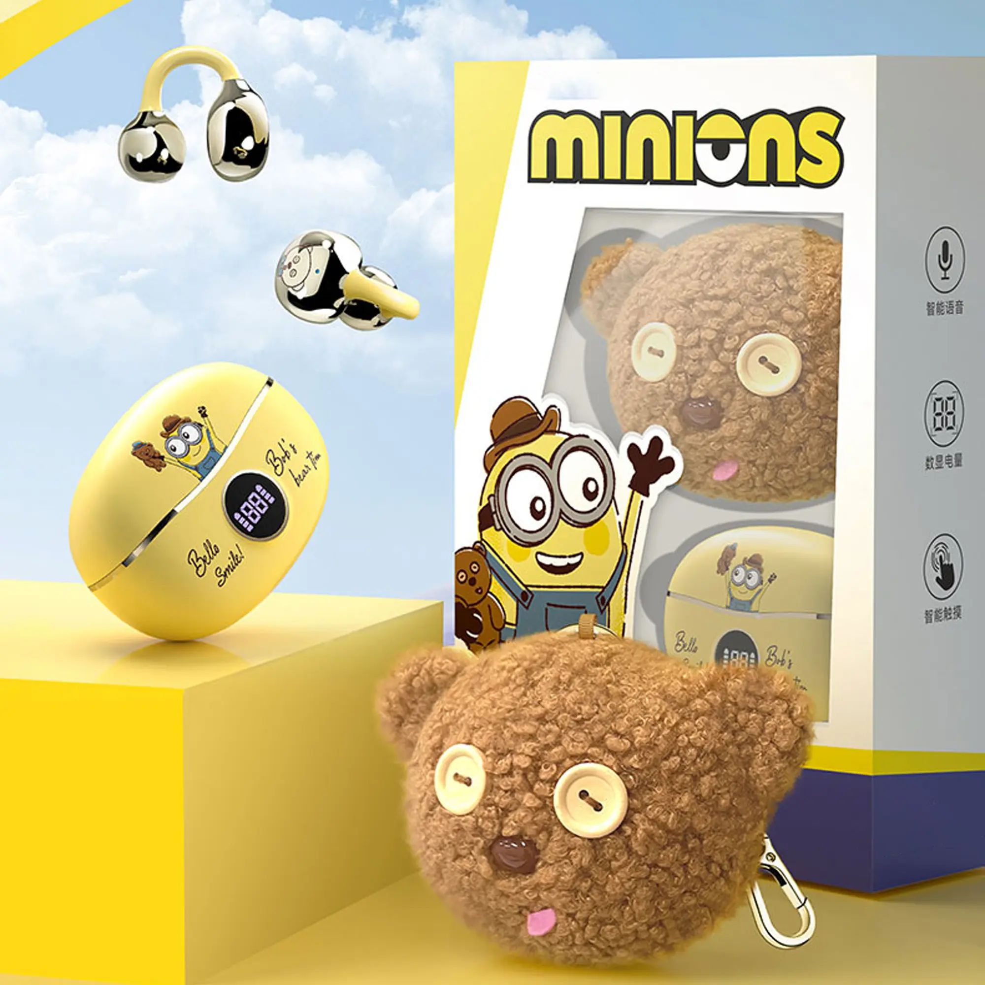 Minions Aesthetic Open Ear Wireless Clip-on Headphones - Bluetooth 5.4 Audio Earbuds with LED Power Display, Plush Tim Bear Pouch Gift Box, Camping Essentials, Battery Life, Music Lovers