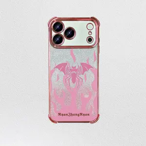 PinkFlame Bat SpiderGlitter Phone Case for iPhone 13 14 15 16 17 Pro Max – Y2K Gothic Shockproof CoverElectroplated Four‑corner Y2K PunkZZR095 junk