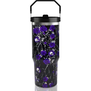 30oz Halloween Tumbler with Handle and Straw, Goth Floral Skull Insulated Tumbler, Leak Proof Travel Coffee Mug, Reusable Stainless Steel Skull Tumbler, Halloween Gifts for Women (black purple)