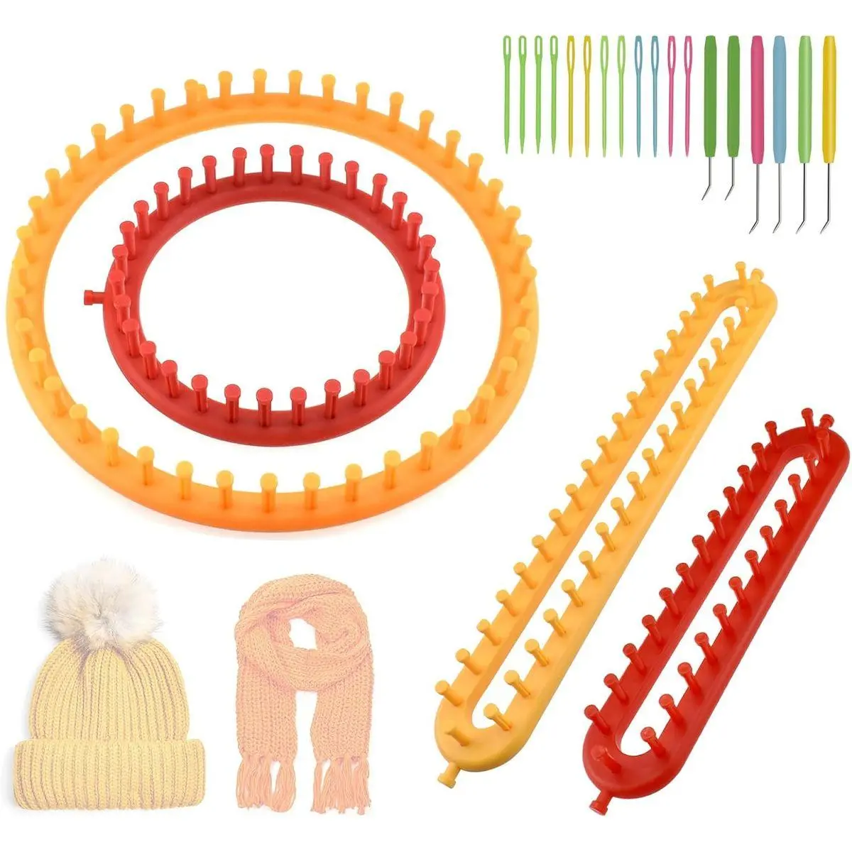 4 Knitting Loom Craft Kits, 2 Pcs Rectangle Knit Looms and 2 Pcs Round Knit Looms with 6 Crochet Hook and 12 Needle for Scarf Sweater Shawl Blankets