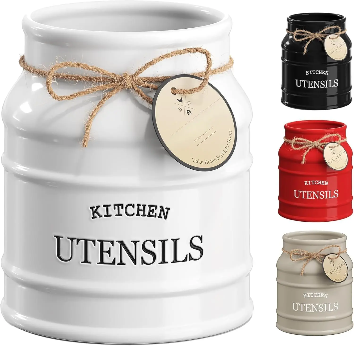 Ceramic Farmhouse Utensil Holder for Kitchen Counter, Large Rustic Utensil Crock, Countertop Cooking Tool Spatula Organizer, 6.75 (White)