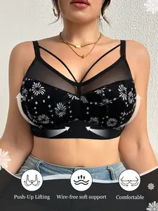 Plus Size Lace Patchwork Push-Up Bra, Elegant Chic, Adjustable Straps, Medium Support, Full Coverage, Casual Wear for All Seasons