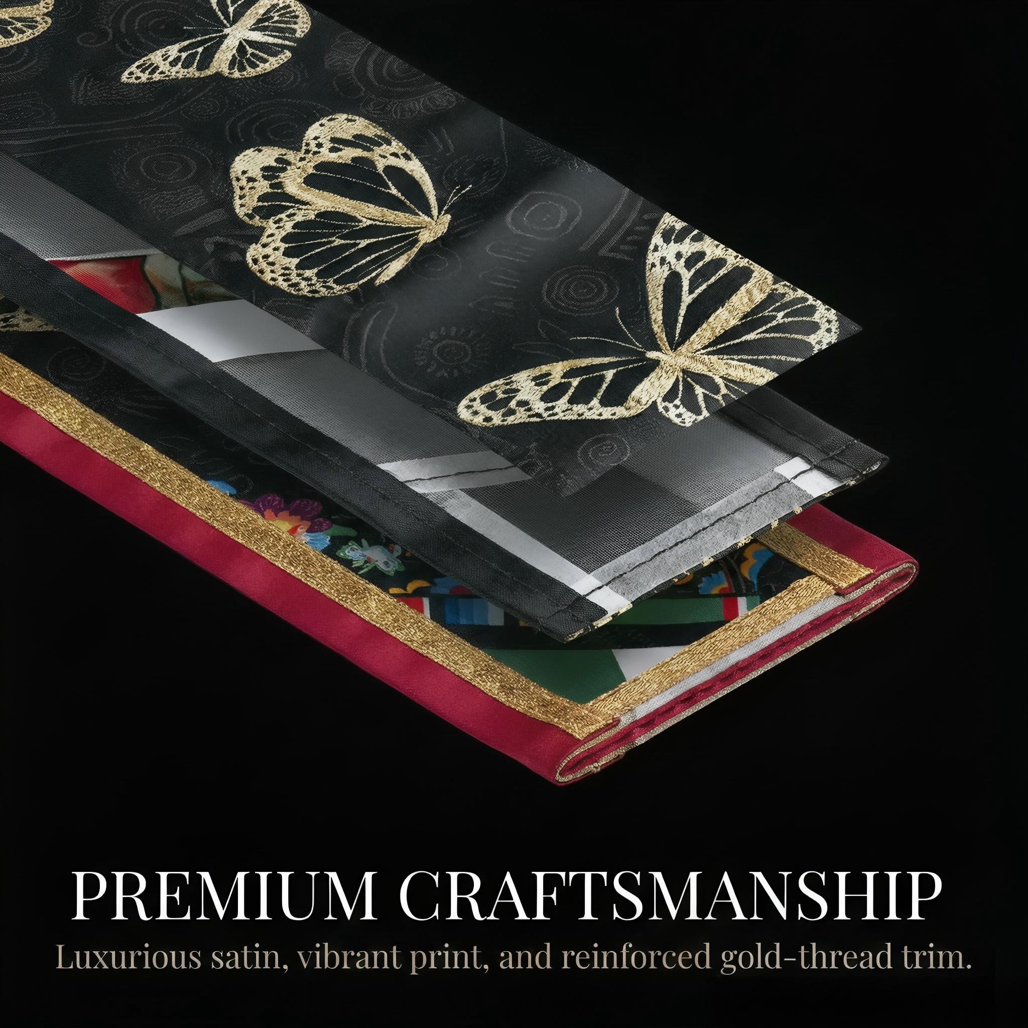 Virgen de Guadalupe Graduation Stole 2025/2026 Mexican Black Sash with Butterflies Gold Trim Satin Fabric Red Accents Cultural Pride Shawl Virgen de Guadalupe Graduation Stole 2025/2026 Mexican Black Sash with Butterflies Gold Trim Satin Fabric Red Accents Cultural Pride Shawl