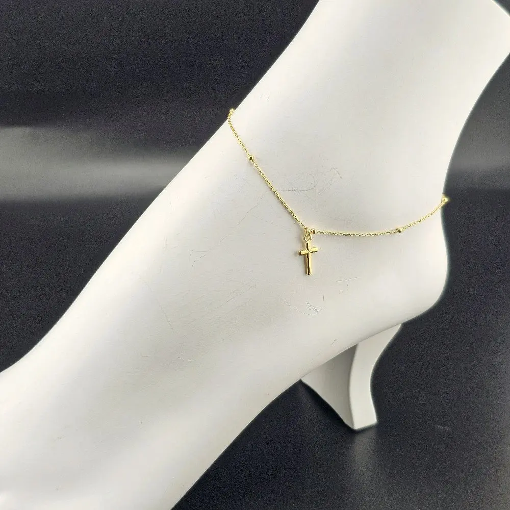 14k Gold Anklet, 9-10 Inch Size with Cross Charm, Everyday Wear Jewelry