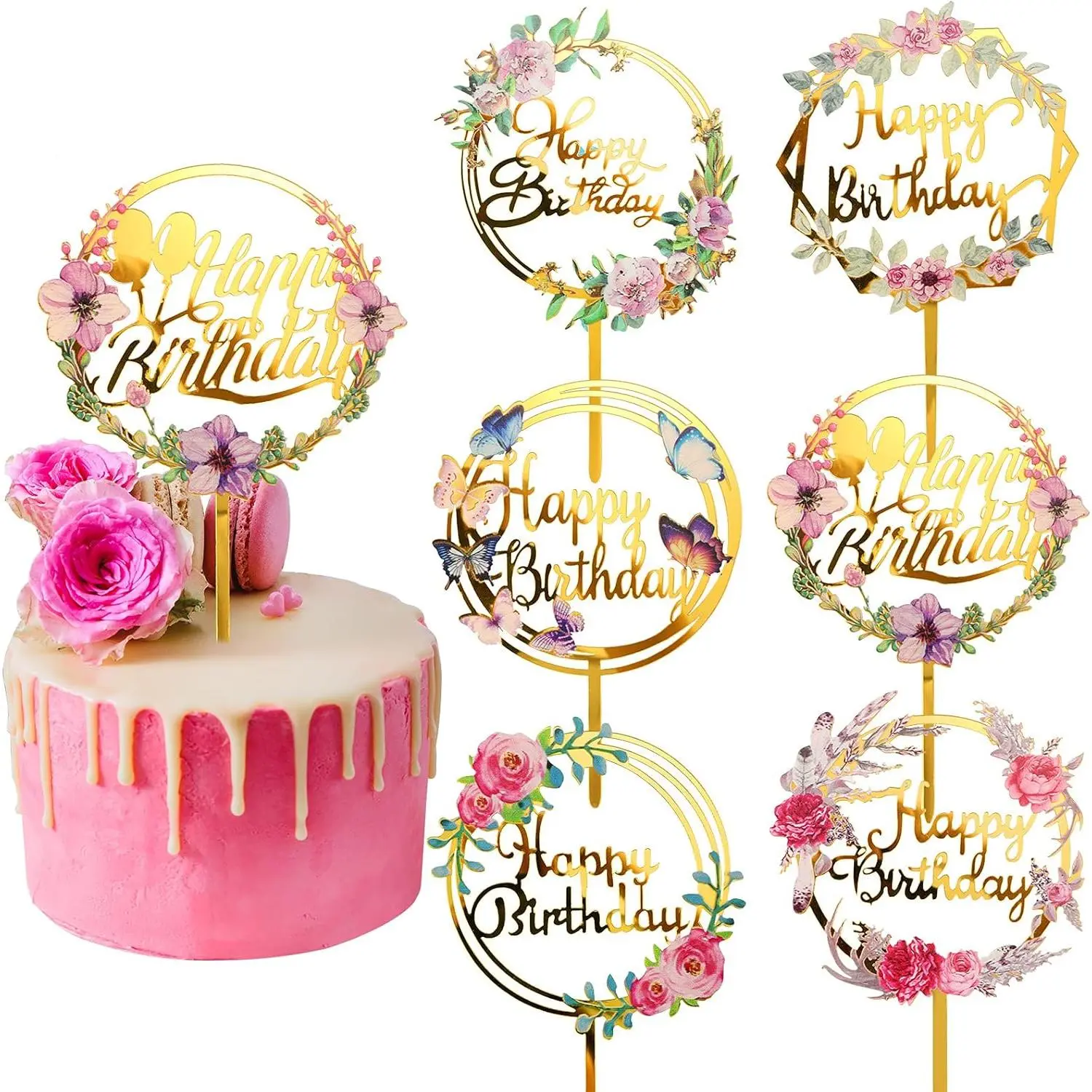 XY-SO11 6-Piece 5in Gold Floral & Butterfly Acrylic Cake Toppers - Insert Ornaments for Happy Birthday, Wedding Party, Cupcake Pastry Decor Supplies