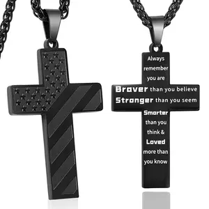 Patriotic Cross Necklace with Bible Verse Pendant Stainless Steel Chain Jewelry for Men 24 Inch American Flag Black Design - Religious Gift for Him