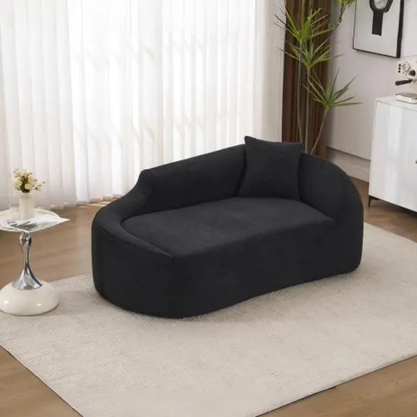 Bellemave LY-048 Compact Compression Curved Chaise Lounge Sofa - Indoor Modern Upholstered Chenille Loveseat, Deep Seating Flowing Form Sleeper Sofa Bed with 1 Pillow for Living Room, Bedroom, Modern Upholstered Sofa