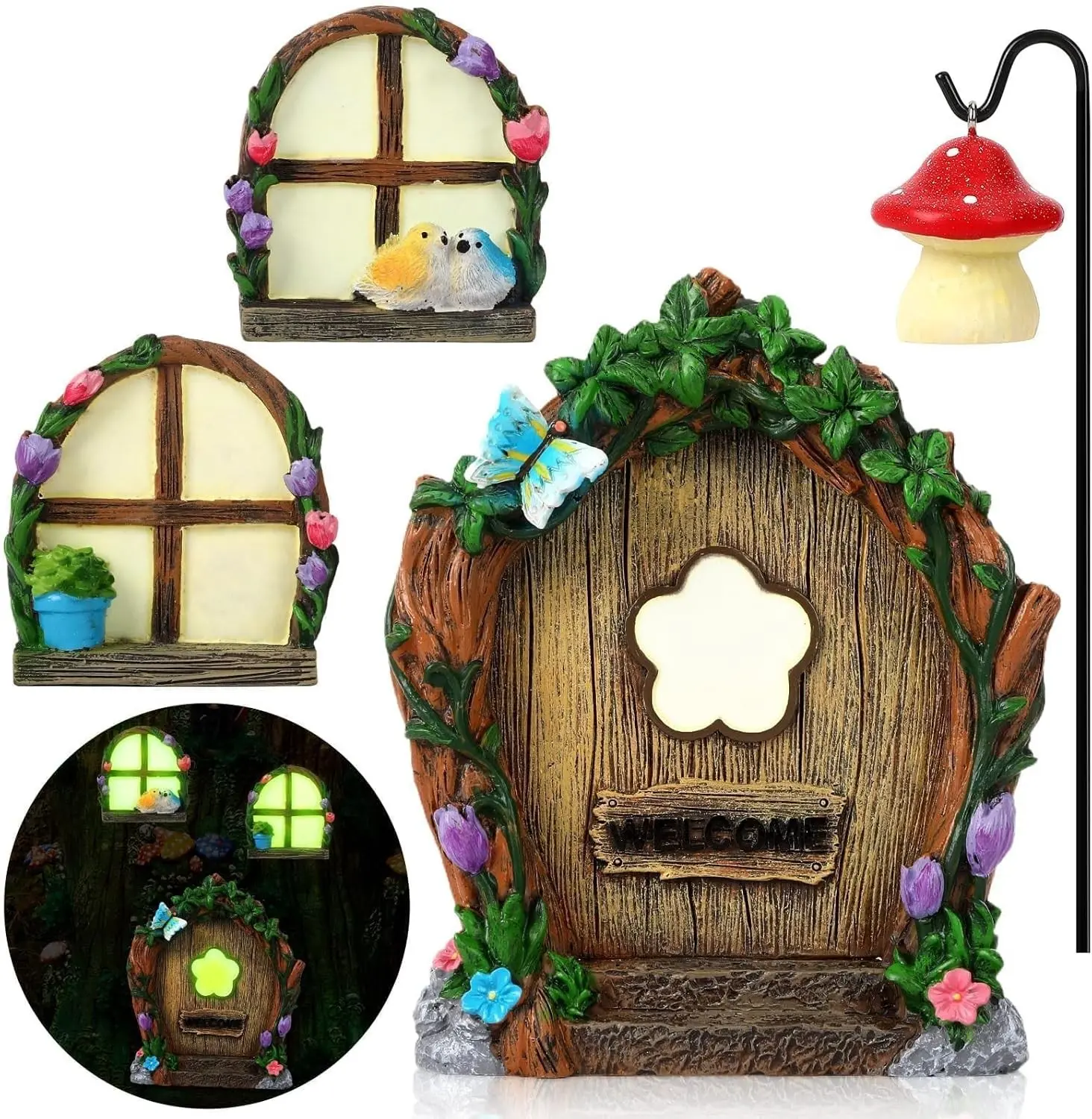 Fairy Door Windows and Lantern for Trees, Glow in The Dark Fairy Doors Fairy House Kit for Trees Outdoor Rooms Gnome Courtyards Lawns Garden Decorations