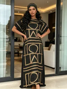 1dress+1heascarf Black Gold Geometric Rhinestone Embellished Pleated Kaftan Dress for Women, Plus Size Muslim Abaya with Matching Headwrap, Loose Batwing Sleeve Maxi Caftan, Modest Formal Wear, Dubai Style Islamic Robe for Wedding, Eid & Party Loungewear