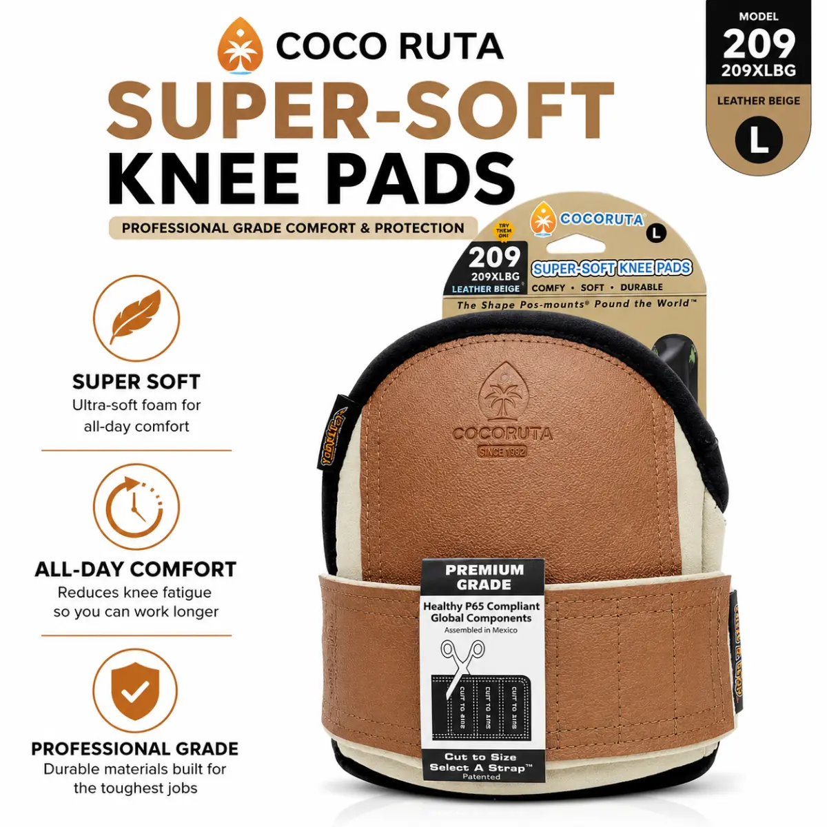 COCO RUTA USA SuperSoft Leatherhead Kneepads (Large Size / Bagged in Pairs) - Comfortable, Adjustable, Washable Kneepads -Heavy Duty Construction Flooring  Knee Pads for Tile, Roofing, Gardening Work | Adjustable Cut- to-Size Strap | All-Day Comfort