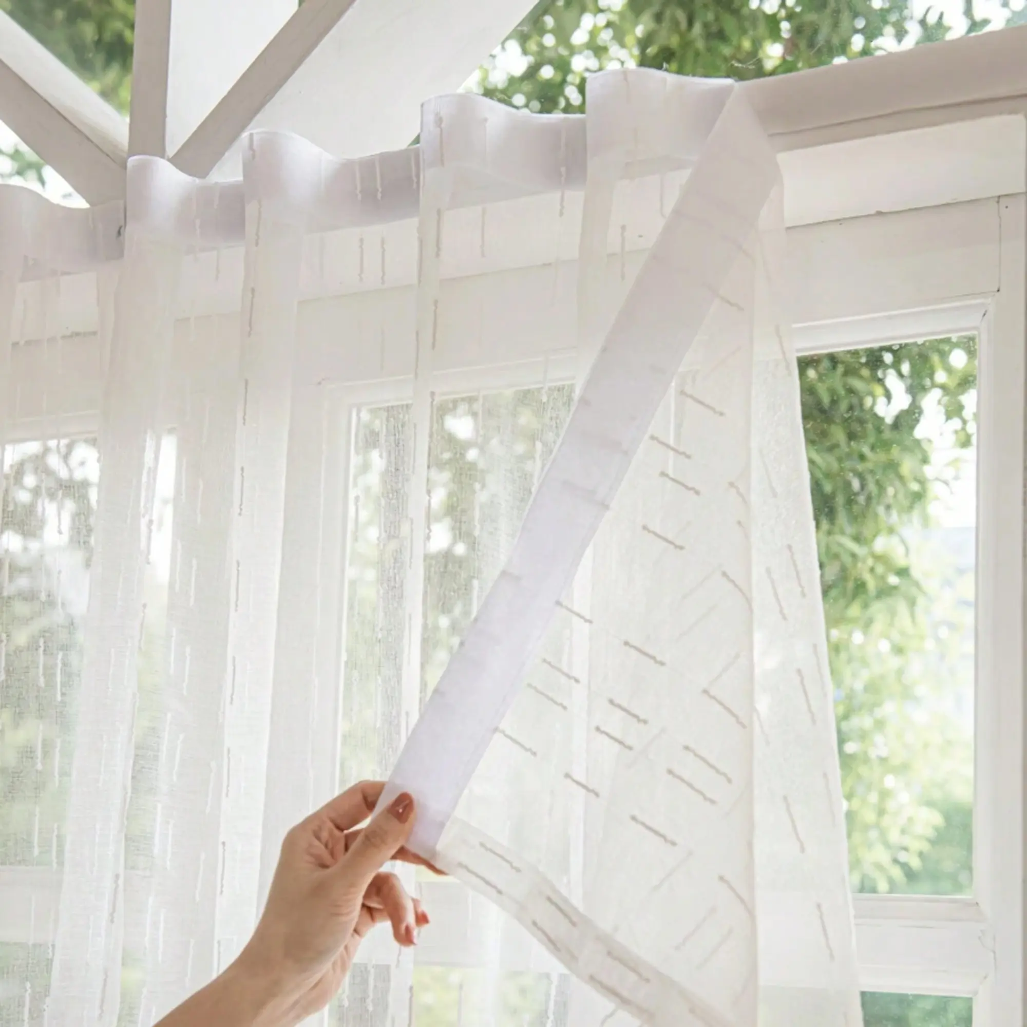 1pc Piece No-Drill Magic Tape Textured Sheer Easy Install Curtain, Translucent Not Transparent, Living Room Balcony Window Drapes, Window Curtains