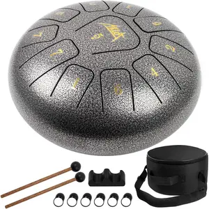Steel Tongue Drum,  10 inch 11 Notes  Drum C Key Percussion Steel Drum Kit w/Drum Mallets Note Stickers Finger Picks Mallet Bracket and Gig Bag